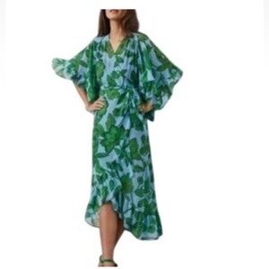 Cabi women’s blue green sheer floral true wrap midi dress size large